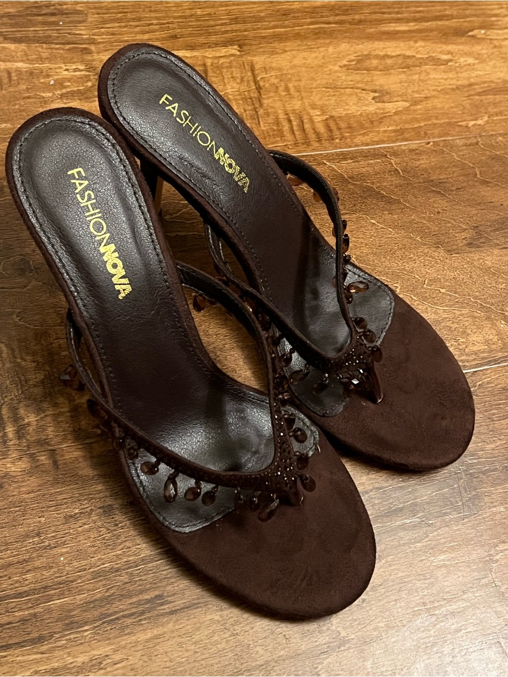 Fashion Nova Dark Brown Beaded Suede Heeled Mules